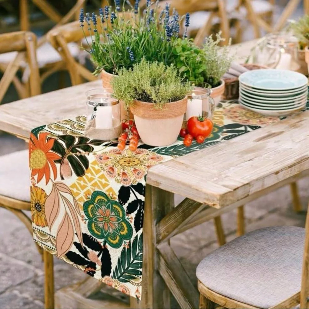 Colorful Floral and Plants Table Runner, 90” long